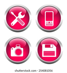 Set of buttons for web, screwdriver, wrench, phone, camera, floppy. Vector.