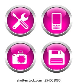 Set of buttons for web, screwdriver, wrench, phone, camera, floppy. Vector.