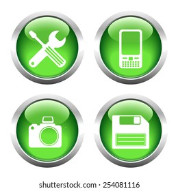 Set of buttons for web, screwdriver, wrench, phone, camera, floppy. Vector.