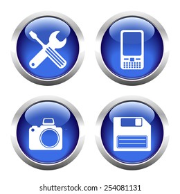 Set of buttons for web, screwdriver, wrench, phone, camera, floppy. Vector.