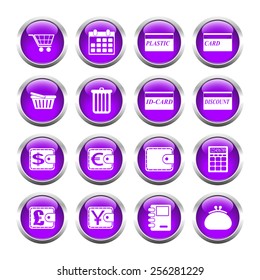 Set of buttons for web, shopping, currency, purses. Vector.