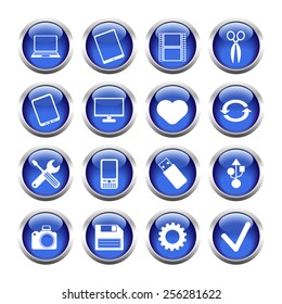 Set of buttons for web, tablet, smart-phone. tools, camera, flash drive. Vector.