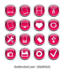 Set of buttons for web, tablet, smart-phone. tools, camera, flash drive. Vector.