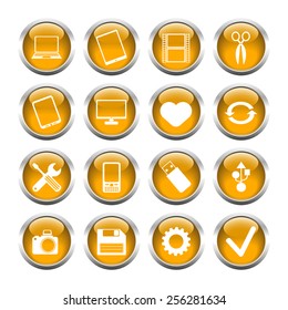 Set of buttons for web, tablet, smart-phone. tools, camera, flash drive. Vector.
