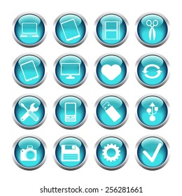 Set of buttons for web, tablet, smart-phone. tools, camera, flash drive. Vector.
