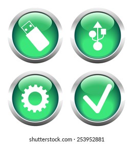 Set of buttons for web, usb, cogwheel, check. Vector.