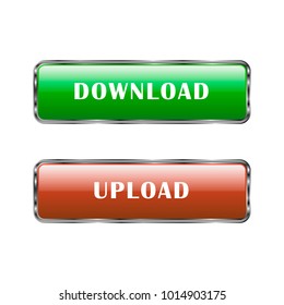 Set of buttons for website, download and upload, two buttons for menu, green and red, isolated, white background, simple, metallic stroke, highlight and reflection