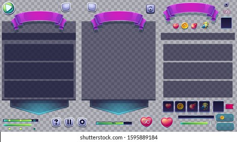 Set of buttons and windows on a transparent background - vector mobile format for tablets and smartphones. Bright images to create original video or web games, graphic design, screen savers
