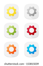 The set of  buttons with yellow, grey, green, red, orange and blue gear icon / The setting symbol