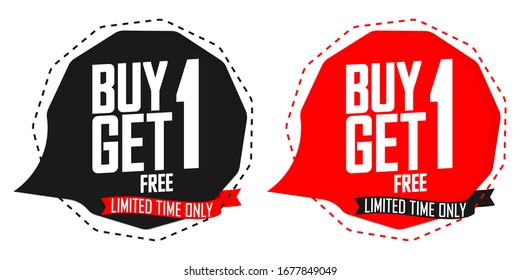 Set Buy 1 Get 1 Free tags, BOGO bobble banners plantilla de diseño, colección de tarjetas de venta, ilustración vectorial