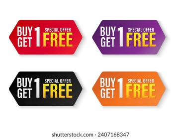 Set of buy 1 get 1 Free tags sale, Design red black, purple, orange, and yellow style, Banner design template for advertising. Vector Illustration.