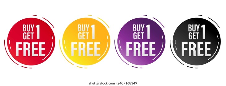 Set of buy 1 get 1 Free tags sale, Design red black, purple, orange, and yellow style, Banner design template for advertising. Vector Illustration.