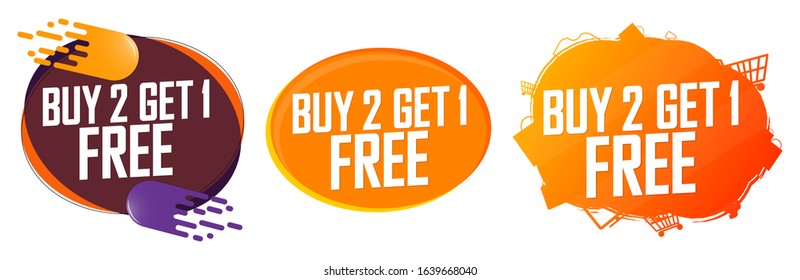 Set Buy 2 Get 1 Free tags, sale speech bubble banners design template, discount badge collection, app icons, vector illustration