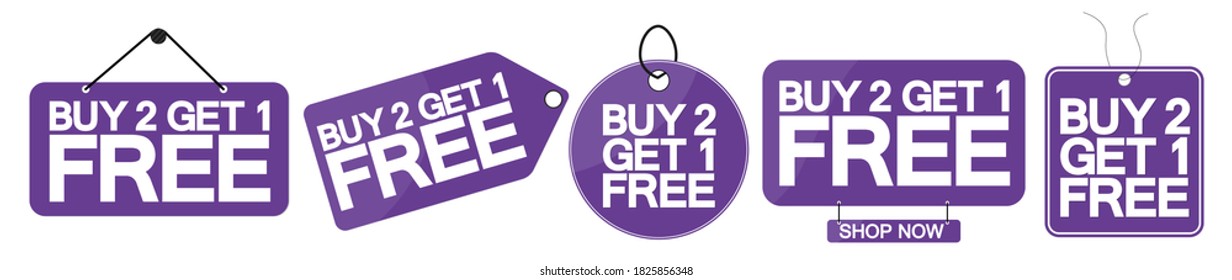 Set Buy 2 Get 1 Free tags, sale banners design template, discount badge collection, app icons, vector illustration