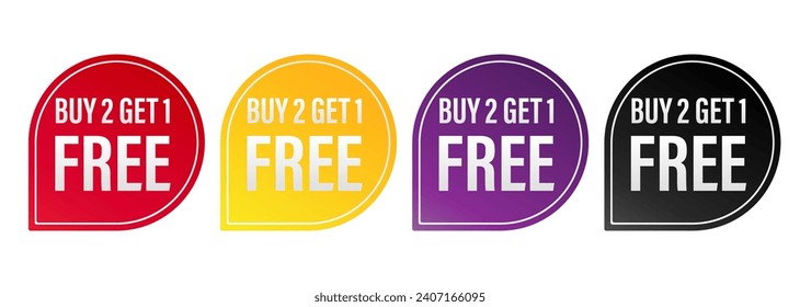 Set of buy 2 get 1 Free tags sale, Design red black, purple, orange, and yellow style, Banner design template for advertising. Vector Illustration.