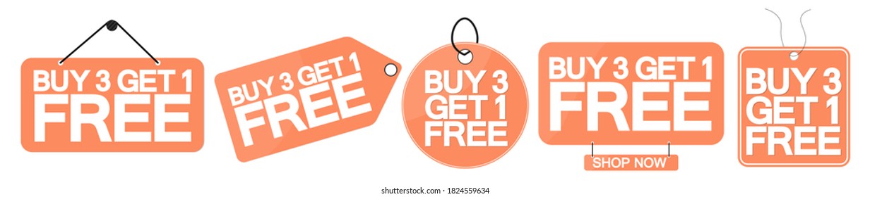 Set Buy 3 Get 1 Free tags, sale banners design template, discount badge collection, app icons, vector illustration