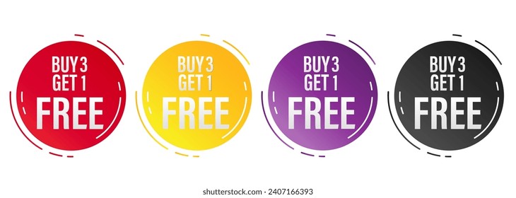 Set of buy 3 get 1 Free tags sale, Design red black, purple, orange, and yellow style, Banner design template for advertising. Vector Illustration.