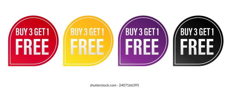 Set of buy 3 get 1 Free tags sale, Design red black, purple, orange, and yellow style, Banner design template for advertising. Vector Illustration.