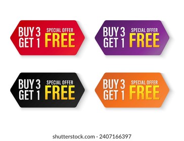 Set of buy 3 get 1 Free tags sale, Design red black, purple, orange, and yellow style, Banner design template for advertising. Vector Illustration.