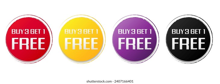 Set of buy 3 get 1 Free tags sale, Design red black, purple, orange, and yellow style, Banner design template for advertising. Vector Illustration.