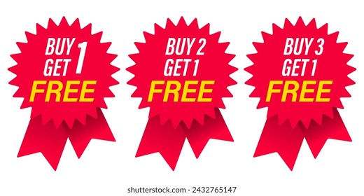 Set de comprar 3 obtener 1 gratis etiquetas venta, Diseño rojo negro, morado, naranja y amarillo estilo, Plantilla de diseño de banner para publicidad. Oferta especial de promoción o venta al por menor. Ilustración vectorial.