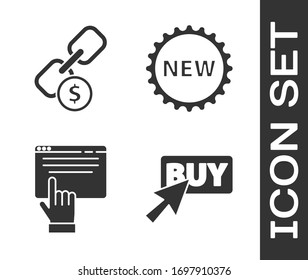 Set Buy button, Chain link and coin, Online shopping on screen and Price tag with New icon. Vector