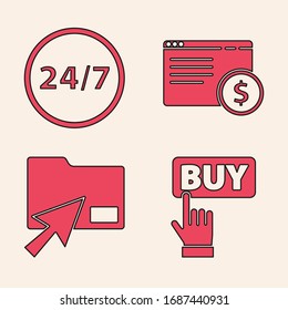 Set Buy button, Clock 24 hours, Online shopping on screen and Cursor click document folder icon. Vector