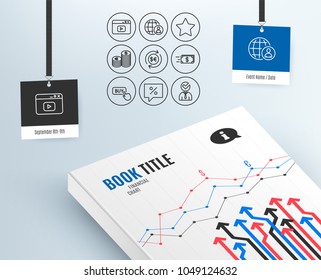 Set of Buy button, Currency and Discount message icons. Money currency, Money transfer and Video content signs. Star, International recruitment and Vacancy symbols. Online shopping. Euro and usd