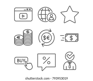 Set of Buy button, Currency and Discount message icons. Money currency, Money transfer and Video content signs. Star, International recruitment and Vacancy symbols. Online shopping. Euro and usd