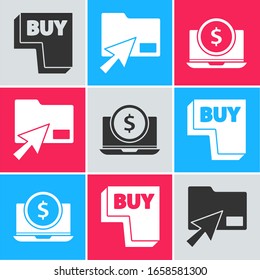 Set Buy button, Cursor click document folder and Laptop with dollar icon. Vector