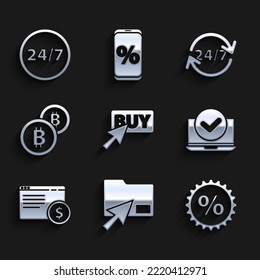 Set Buy button, Cursor click document folder, Discount percent tag, Laptop, Online shopping screen, Cryptocurrency coin Bitcoin, Clock 24 hours and  icon. Vector