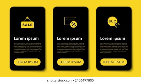 Set Buy button, Discount card with percent and Hanging sign text Sale. Business infographic template. Vector