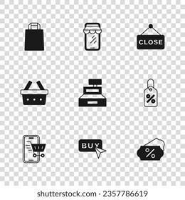 Set Buy button, Discount percent tag, Cash register machine, Hanging sign with text Closed, Paper shopping bag, Online phone and Shopping basket icon. Vector