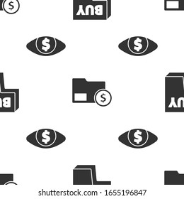 Ajuste el botón Comprar, Sobre con moneda y Ojo con dólar en un patrón sin fisuras. Vector