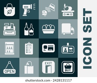 Set Buy button, Identification badge, Delivery cargo truck, POS terminal with credit card, Whiskey bottle, Cash register machine, Shopping bag recycle and Chicken egg box icon. Vector