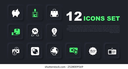 Comprar Botón, insignia de la Identificación, descuento por ciento de la etiqueta, dinero con escudo, caja de mano de entrega, gráfico de pastel infografía, vendedor e icono de envío mundial. Vector