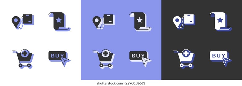Ajuste el botón Comprar, la casilla Ubicación con cartón, Añadir carrito de compras y la casilla Papel y el icono de verificación financiera. Vector