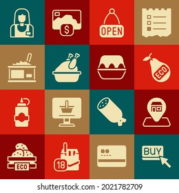 Botón Set Buy, Localización Tienda de mercadería, pera orgánica saludable, Signo colgante con pollo abierto, pollo asado de pavo, caviar de lata, icono de la caja de huevos de vendedor y pollo. Vector