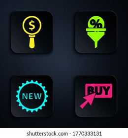 Set Buy button, Magnifying glass and dollar, Price tag with New and Lead management. Black square button. Vector