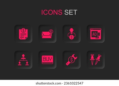 Set Buy button, Mail and e-mail, Contract money, Repair price, Advertising, Push pin, Business investor and Employee hierarchy icon. Vector
