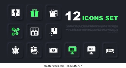 Set Buy button, Market store, Online shopping screen, Dollar symbol, Item price tag with dollar, Gift box and Stacks paper money cash icon. Vector