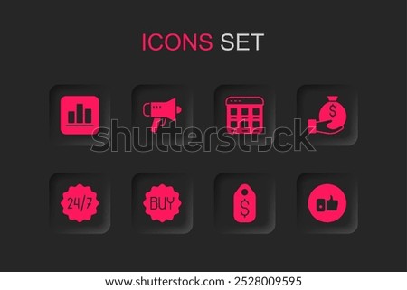 Set Buy button, Megaphone, Pie chart infographic, Price tag with dollar, Money bag, Hand like, Online shopping screen and Clock 24 hours icon. Vector
