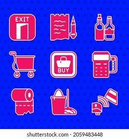 Set Buy button, Mop and bucket, POS terminal with credit card, Toilet paper roll, Shopping cart, Whiskey bottle and Fire exit icon. Vector