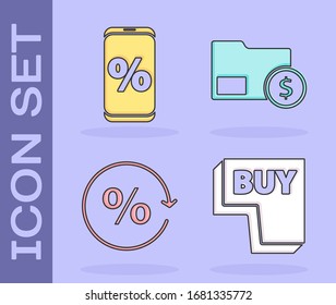 Set Buy button, Percent discount and mobile, Discount percent tag and Envelope with coin dollar icon. Vector