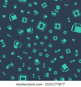 Set Buy button, POS terminal with credit card,  and  on seamless pattern. Vector