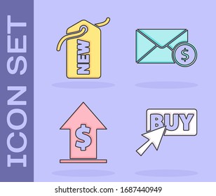 Botón Set Buy, etiqueta de precio con nuevo, crecimiento financiero y moneda y sobre con icono de moneda en dólares. Vector