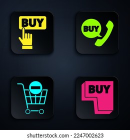 Botón Set Buy, botón Comprar, Eliminar carro de la compra y Burbuja de teléfono y voz con Comprar. Botón cuadrado negro. Vector