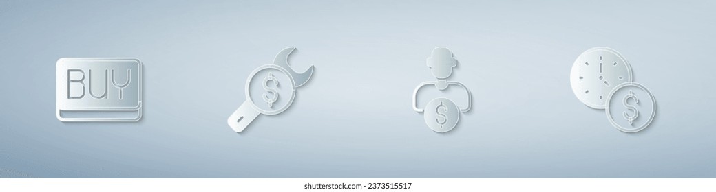 Set Buy button, Repair price, Business investor and Time is money. Paper art style. Vector