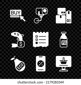 Set Buy button, Security camera, Cash register machine, Healthy organic pear, Percent discount and mobile, Shopping cart computer, Price tag for fish and list icon. Vector