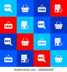 Set Buy button, Shopping basket, Price tag with text Free and Paper check and financial check icon. Vector.